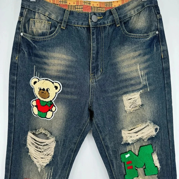 Cool Patchwork Streetwear Mens Jeans Size 32 - Picture 2 of 11